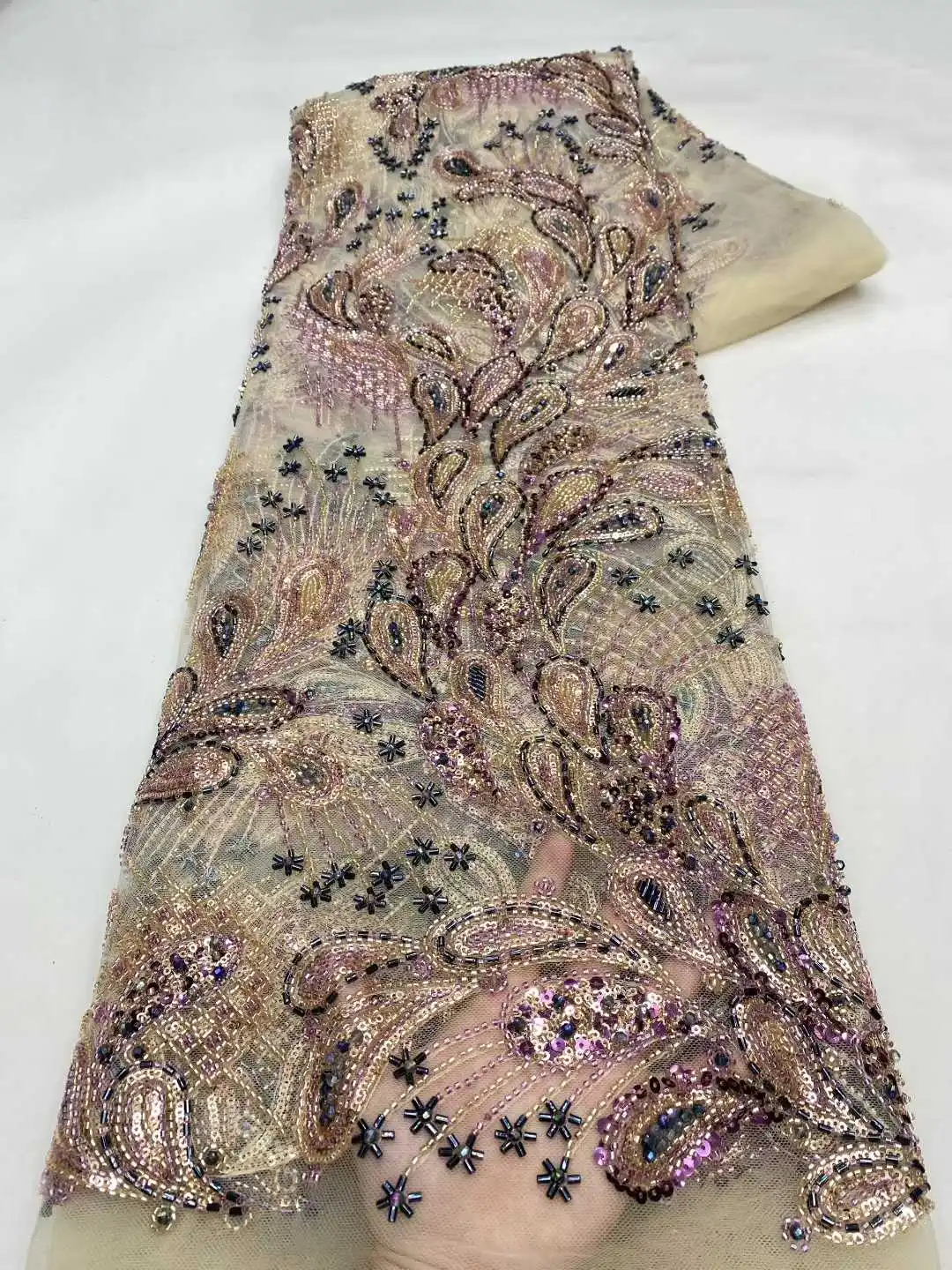 African 2025 High Quality Mesh Sequins Embroidery Heavy Beaded Tulle Nigerian Lace Fabrics For Bridal Material Wedding sewing