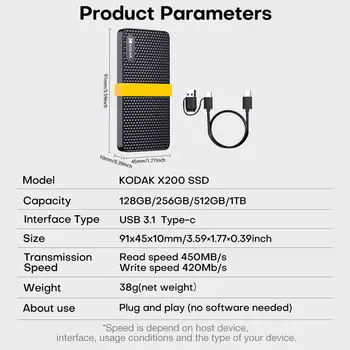 Přenosný SSD externí pevný disk Kodak 256 GB 512 GB 1 TB 450 MB/s 2 v 1 rozhraní pro notebook, telefon 10 nejlepší prodej 512GB externí SSD - №9