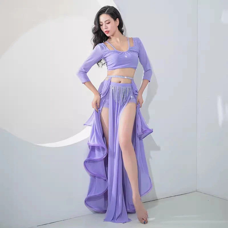 Vestito da danza orientale per donna Concorso di gruppo Costume di danza del ventre Gonna elastica con boccioli di seta di latte Abiti da allenamento per ragazze