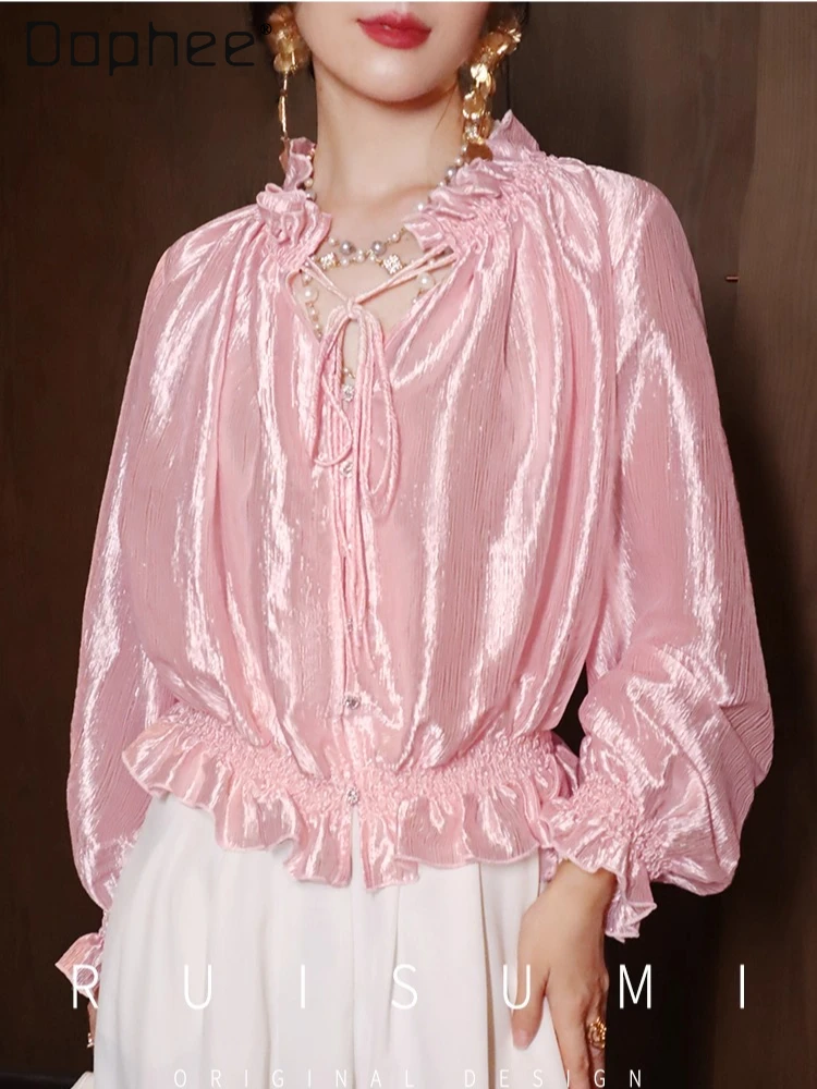 

Luxurious French Light Luxury Silk Satin Ruffled V-Neck Gentle Exquisite Shirt Commuting Style Elegant Socialite Long Sleeve Top
