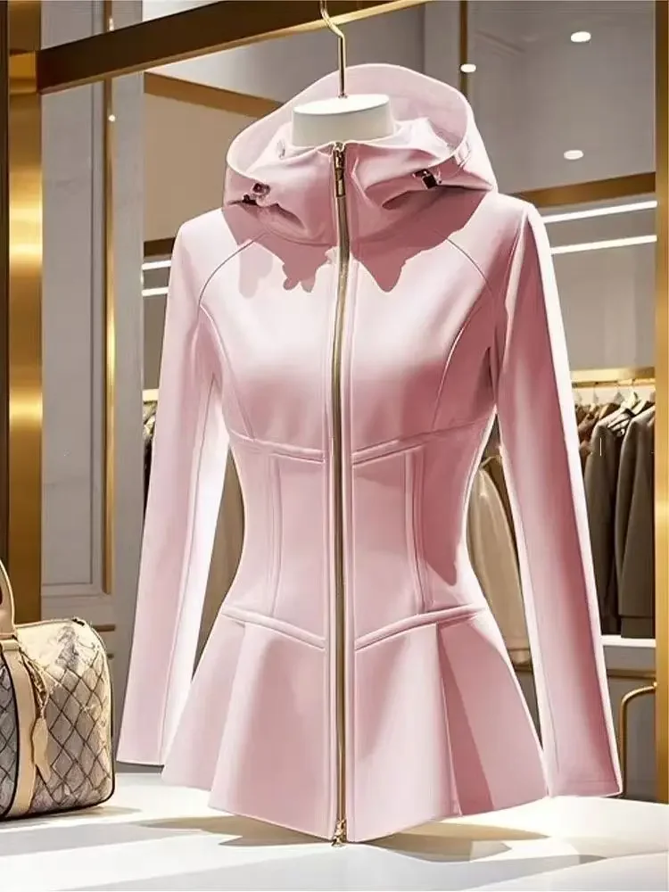 Korean Fashion New Hooded Short Tops Zipper Long Sleeve Pink Vintage Hoodie Coat Jackets for Women Sports 2025 Spring Autumn
