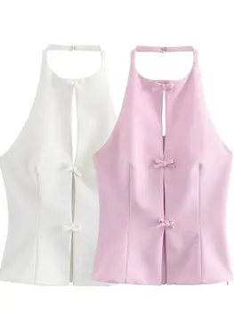 XNWMNZ 여성 패션 2024 보우 홀터넥 넥 탑 여성 하이 스트리트 컷 아웃 백리스 다목적 여성 탑