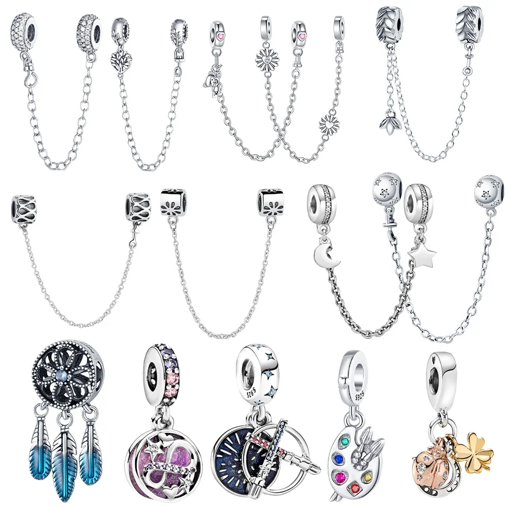 9 Models Safety Chain Charms Fit Pandora 925 Original Bracelets Charms 925 Sterling Silver Chain Dangle for Women Jewelry Making