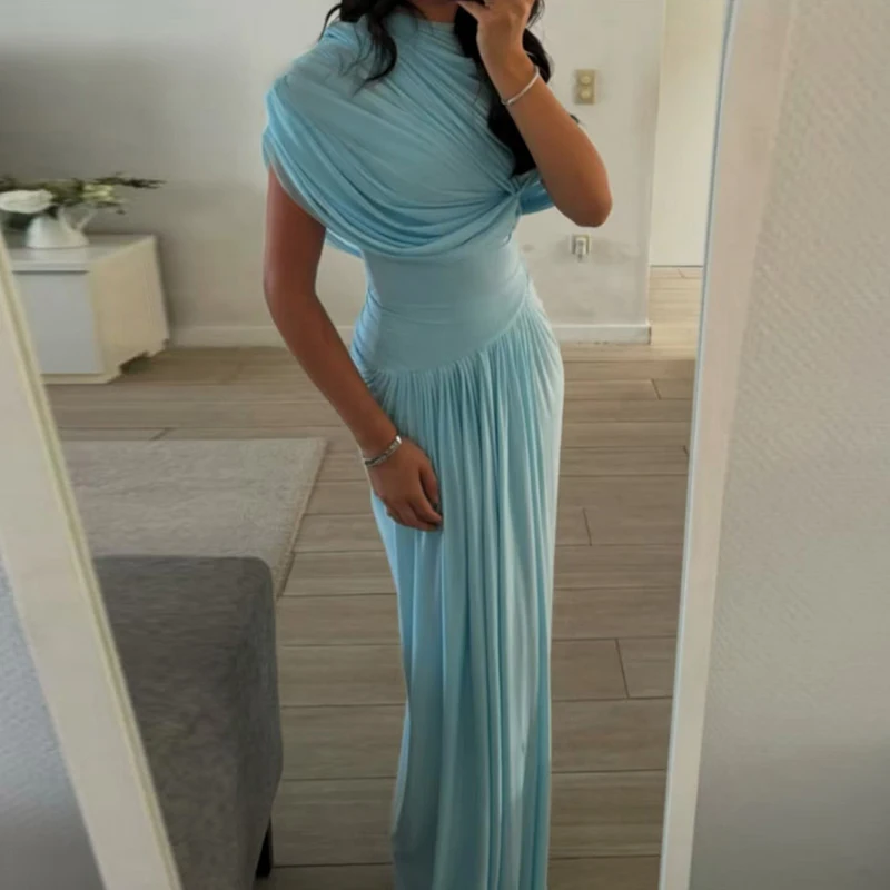 Frauen Taille Schlank Brautjungfer Abendkleid Elegante Sommer Volle Länge Party Kleid Neue Luxus Rollkragen Solide Falten Kleid 2025