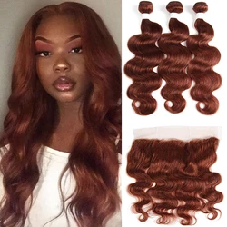 Tissage en Lot Brésilien Remy avec Closure, Extensions de Cheveux Humains, Body Wave, Brun Auburn, 100% Naturel