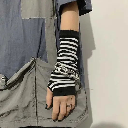 

Women'S Striped Arm Sleeve Set Punk Style Fingerless Gloves Long Protective Sleeves For Cosplay Outdoor Uv Protection