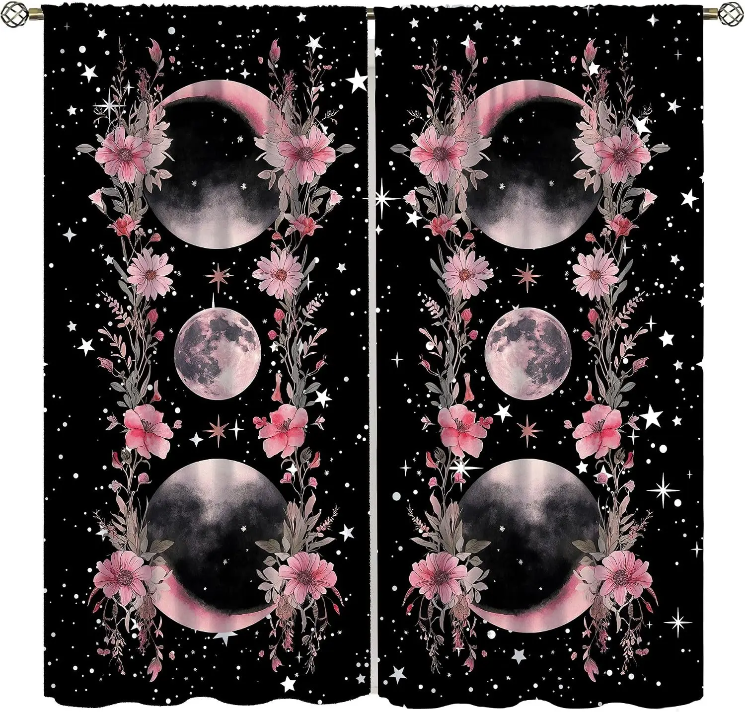 Gothic Cosmic Floral Moon Stars Curtain Pair Black Background Bohemian Polyester Window Decor Tapestry Curtain for Bedroom Home