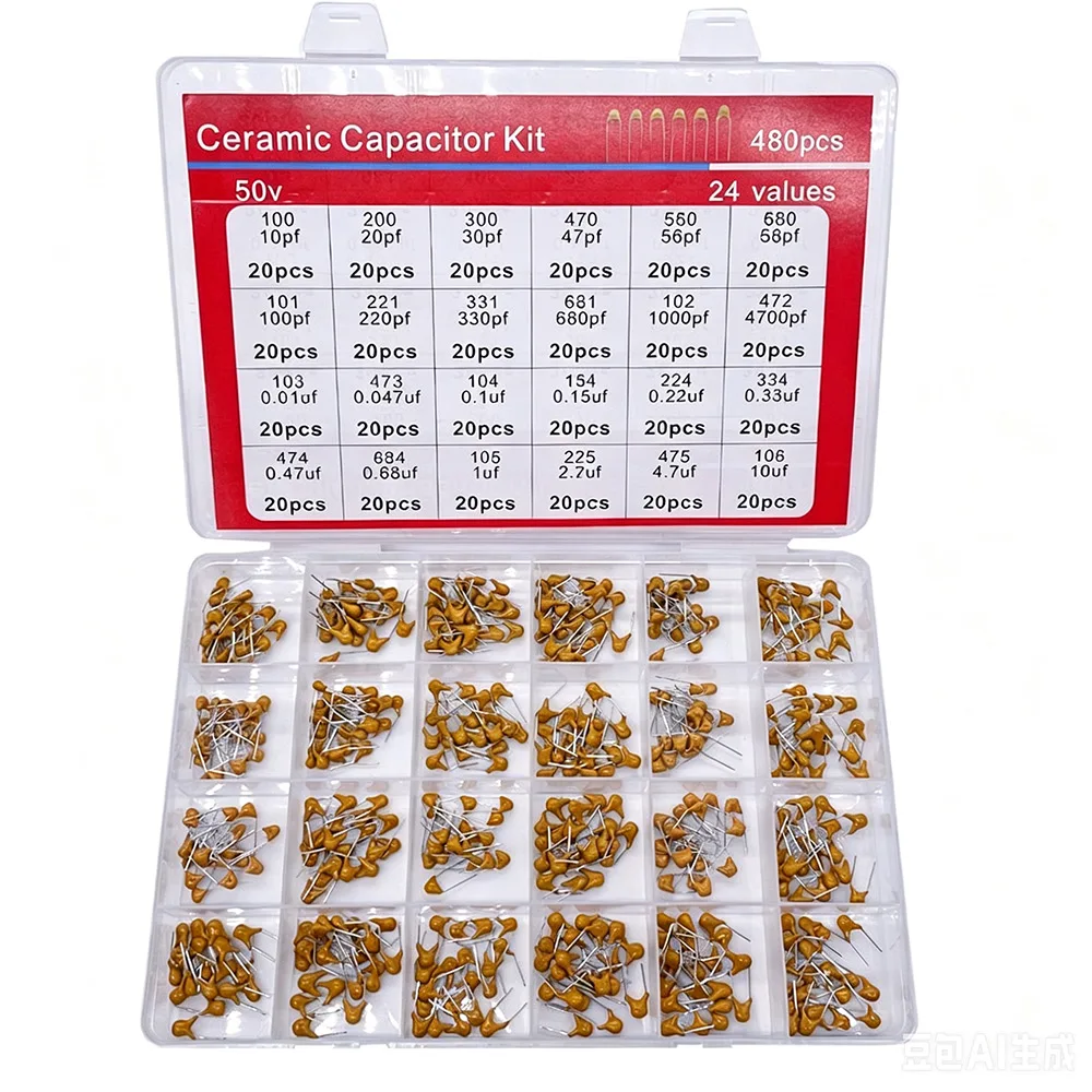 

480pcs Ceramic Capacitor Assortment Kit for Guitar 24 Values 0.1uf to 10uf Range Durable Guitar Parts And Accessories