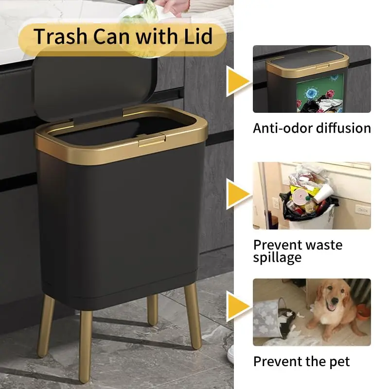 Bedroom Trash Can with Lid,Slim Bathroom Cans Lids, Dog Proof Press Top Lid,Modern Gold Plastic Waste Basket for Office,Kitchen