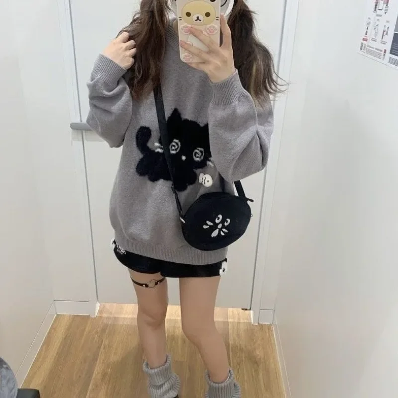 Deeptown Gray Sweet Women Sweater Cat Embroidery Harajuku Japanese Fashion Knitted Pullovers Long Sleeve Loose Autumn Youthful