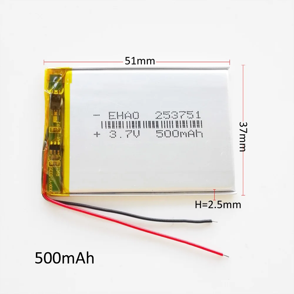 10 PCS 3.7V 500mAh Lithium Polymer LiPo Rechargeable Battery 253751 Power For Mp3 Camera Smart watch GPS Video Game