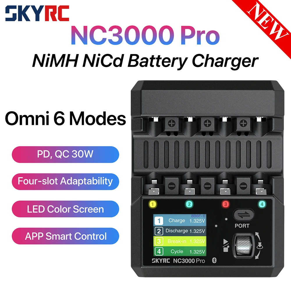 NEW SkyRC NC3000 Pro NiMH NiCd Battery Charger PD/QC AA/AAA Smart Battery Charger 4-slot LED Screen APP Control Charger Discharg