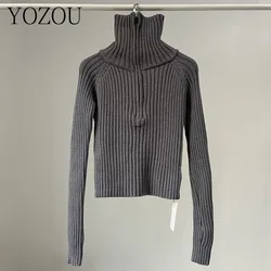 [YOZOU] Chic Luxury Turtleneck Crop Knit Top Woman Knitwear Korean Style Knitted Zip Up Neck Gray Pullover Sweater Jumper Black