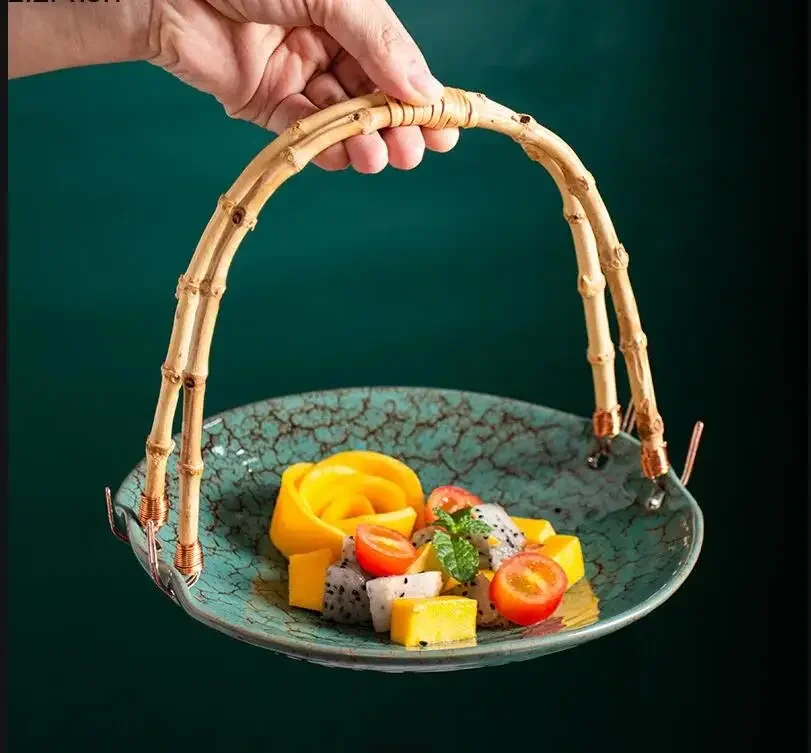 

Ceramic Plate Bamboo Handle Dinner Restaurant Tableware Decorative Plates Fruit Tray Salad Bowl Sushi Dishes Dessert