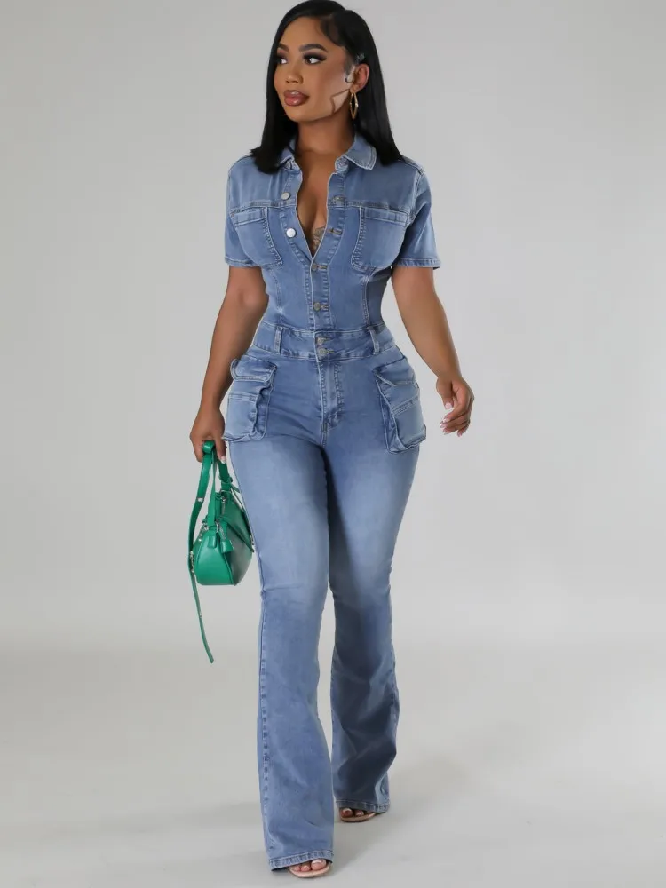 JRRY Sexy Women Denim Jumpsuits Short Sleeve Turn Down Collars Buttons Pockets Flared Pants Denim Bodysuit