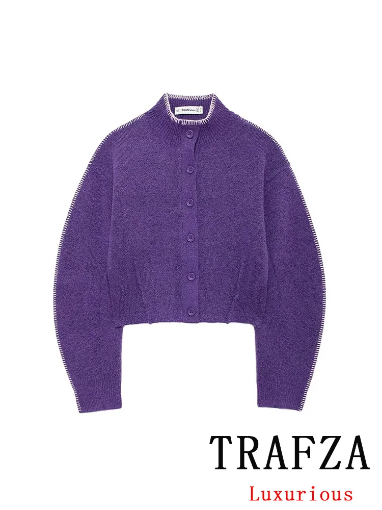 TRAFZA Vintage Casual Chic sweter damski fioletowy jednolity, stójka jednorzędowy, dzianinowy sweter moda 2024 jesienno-zimowy sweter