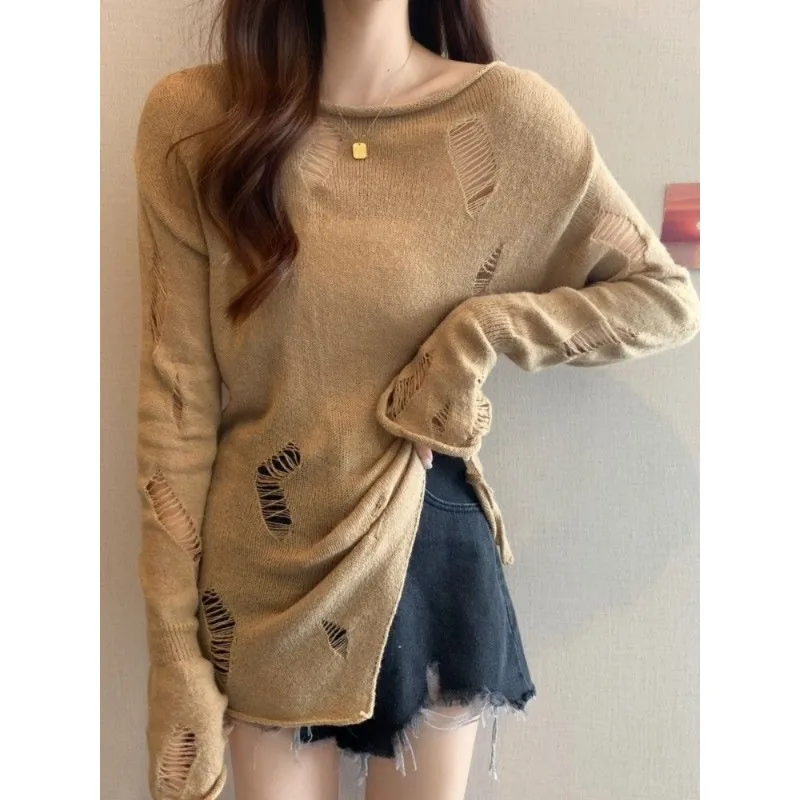 

2024 Winter Streetwear Hollow Out Sweater Women Harajuku Solid Split Distressed Jumper Spring Long Sleeve Tops Pullover Sueter