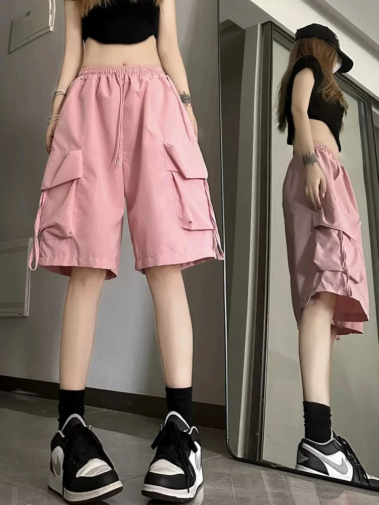 Y2K Summer Women Vintage Streetwear Korean Casual Shorts High Waist Knee Length Wide Leg Baggy Cargo Pockets Short Pants Clothes