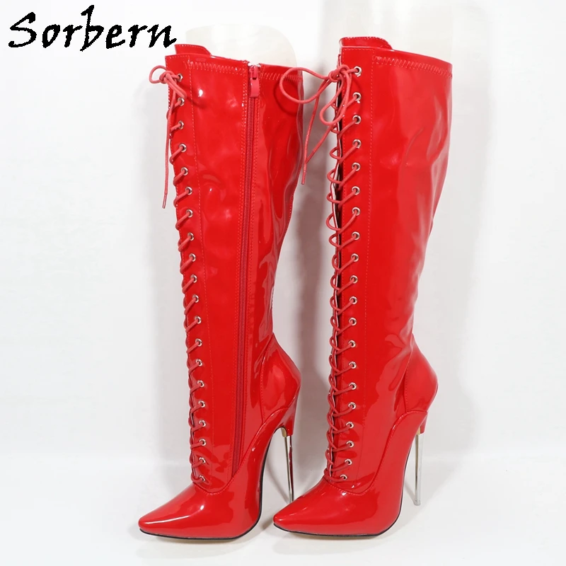 

Sorbern красные глянцевые сапоги до колена на шнуровке, женские фетиш-обувь на металлическом каблуке 18 см, персонализированные широкие сапоги до середины икры унисекс