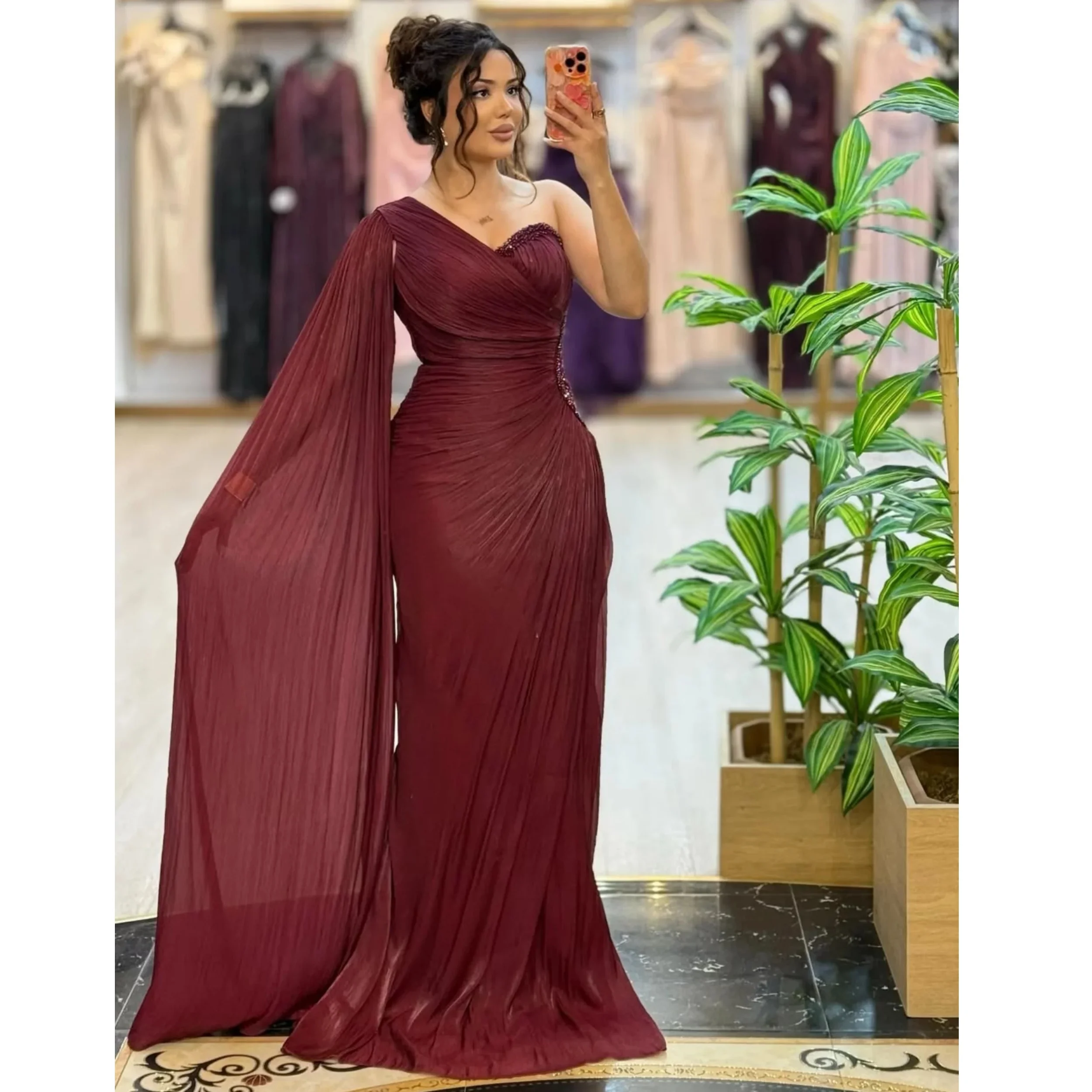 Elegant Mermaid Evening Dresses One Shoulder Long Chiffon Prom Party Gowns Shiny Sequines Pleat Customized Robe de Noche