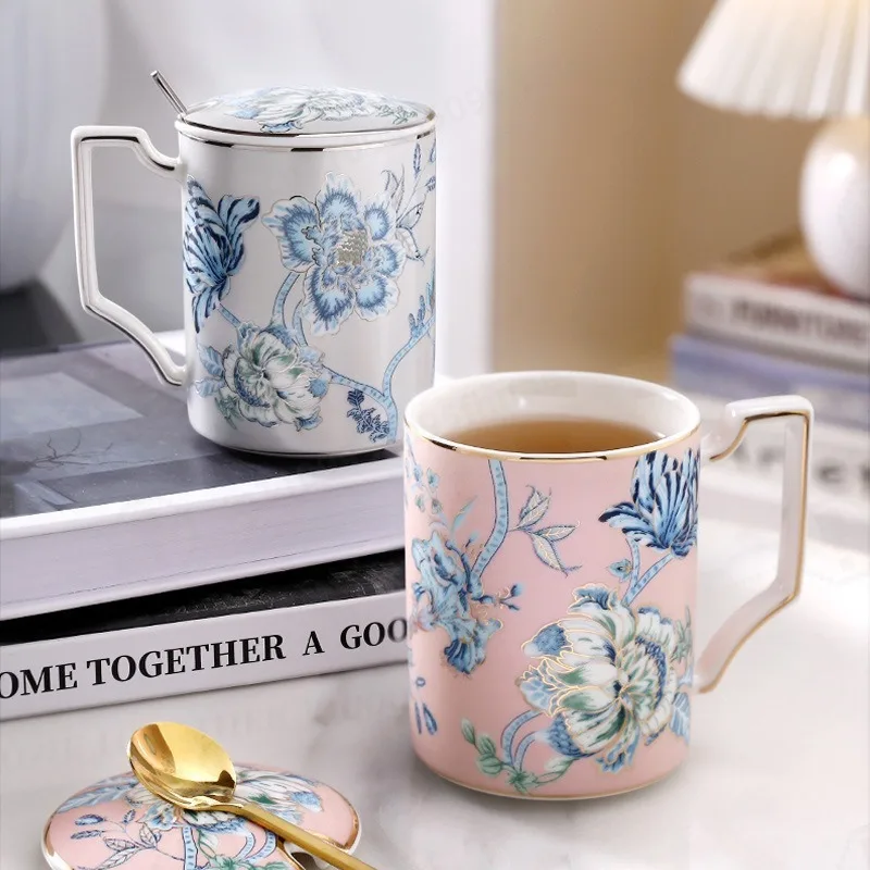 

RetroChinese Ink Peony Portable Coffee Mug Ceramic Water Cup With Lid Elegant Stylish Drinking Cup For Women Household Daily Use