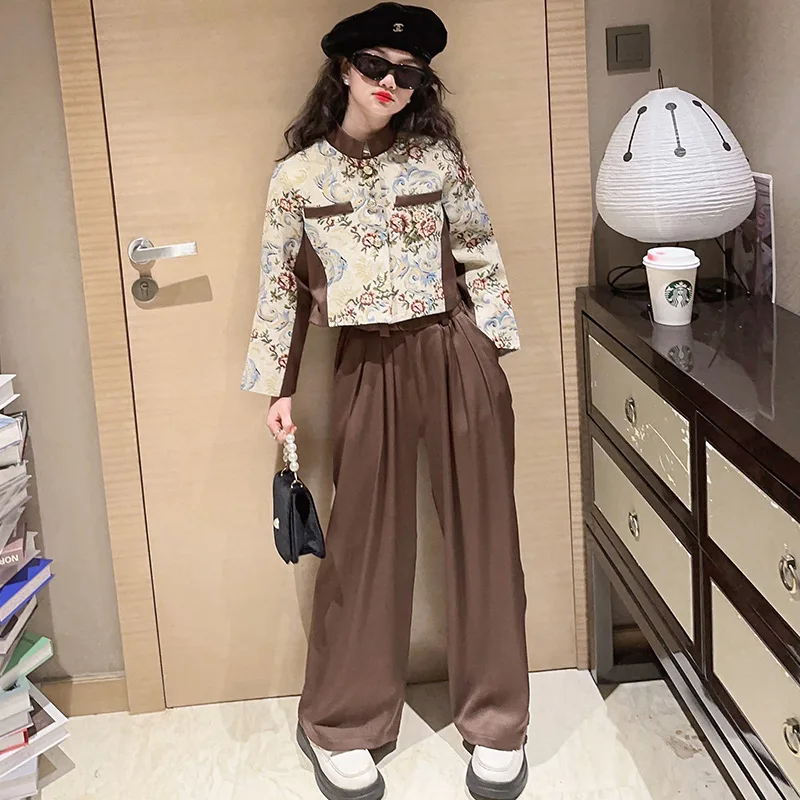 Teen Girls Clothes Set Autumn Fashion Print Jacket+Pants 2 Pieces kids Suits Children Casual Outfits Streetwear Floral Costumes