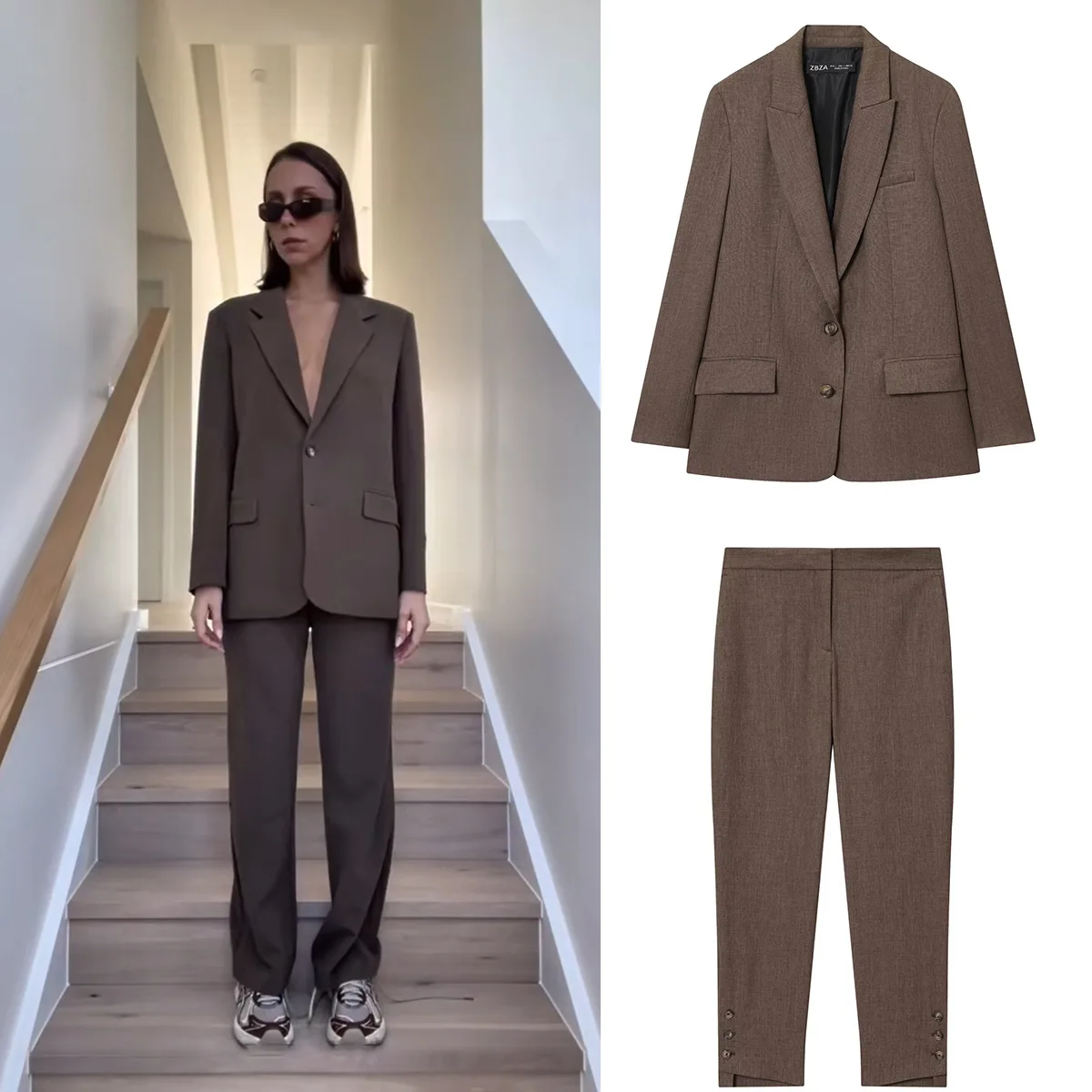 

Шикарные осенние офисные женские брючные костюмы цвета хаки, пиджак на пуговицах с длинными рукавами + карманы на молнии, длинные брюки, женские модные офисные женские комплекты