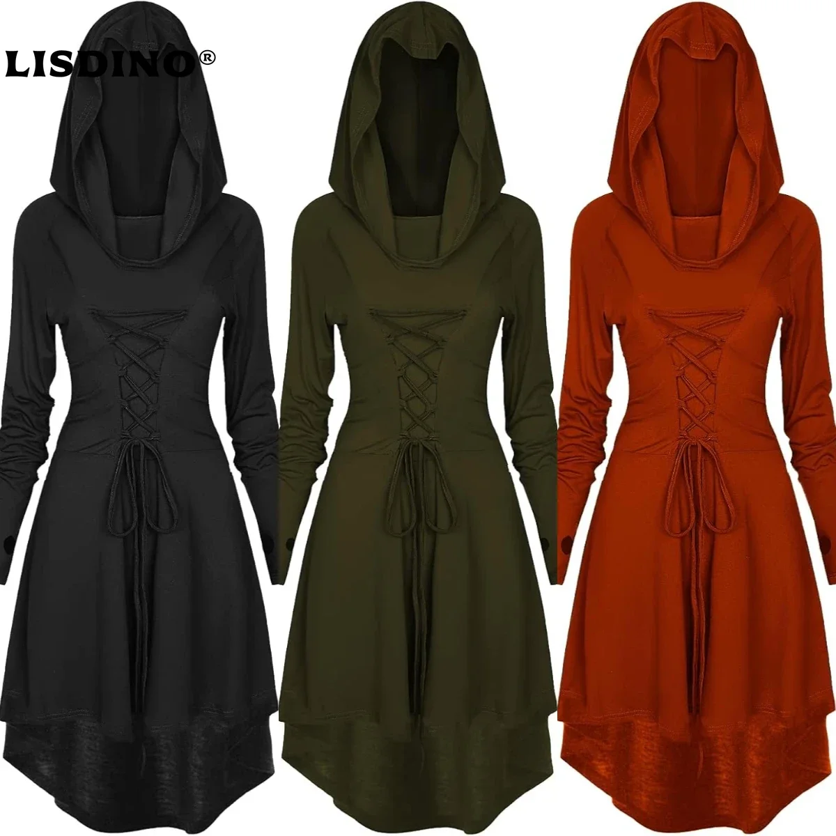 

Womens Renaissance Costumes Halloween Costume For Womens Medieval Vintage Hooded Costume High Low Pullover Dress