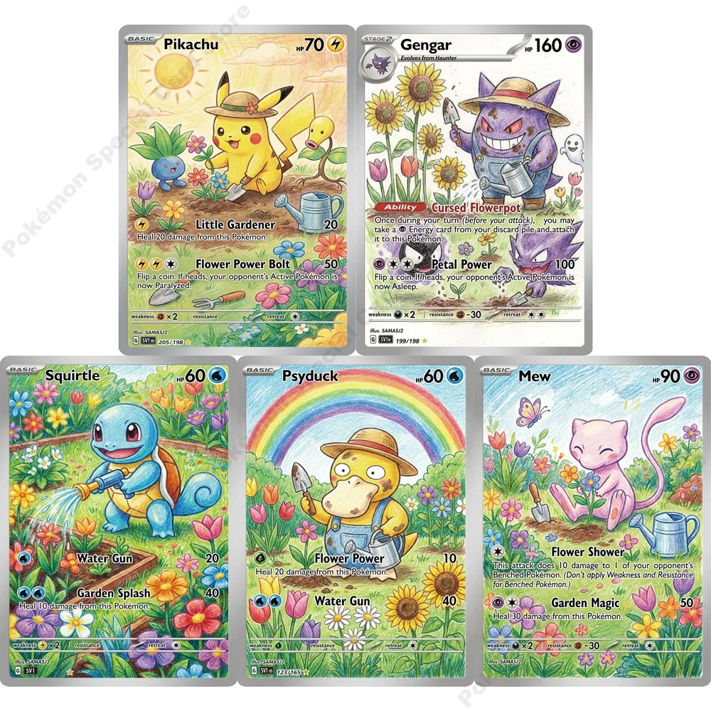 Tarjetas de Pokémon de 5 piezas, Gengar, Psyduck, Squirtle, Mew, serie Planting Flowers, tarjetas de colección PTCG, tarjetas holográficas raras, regalo de Pokémon
