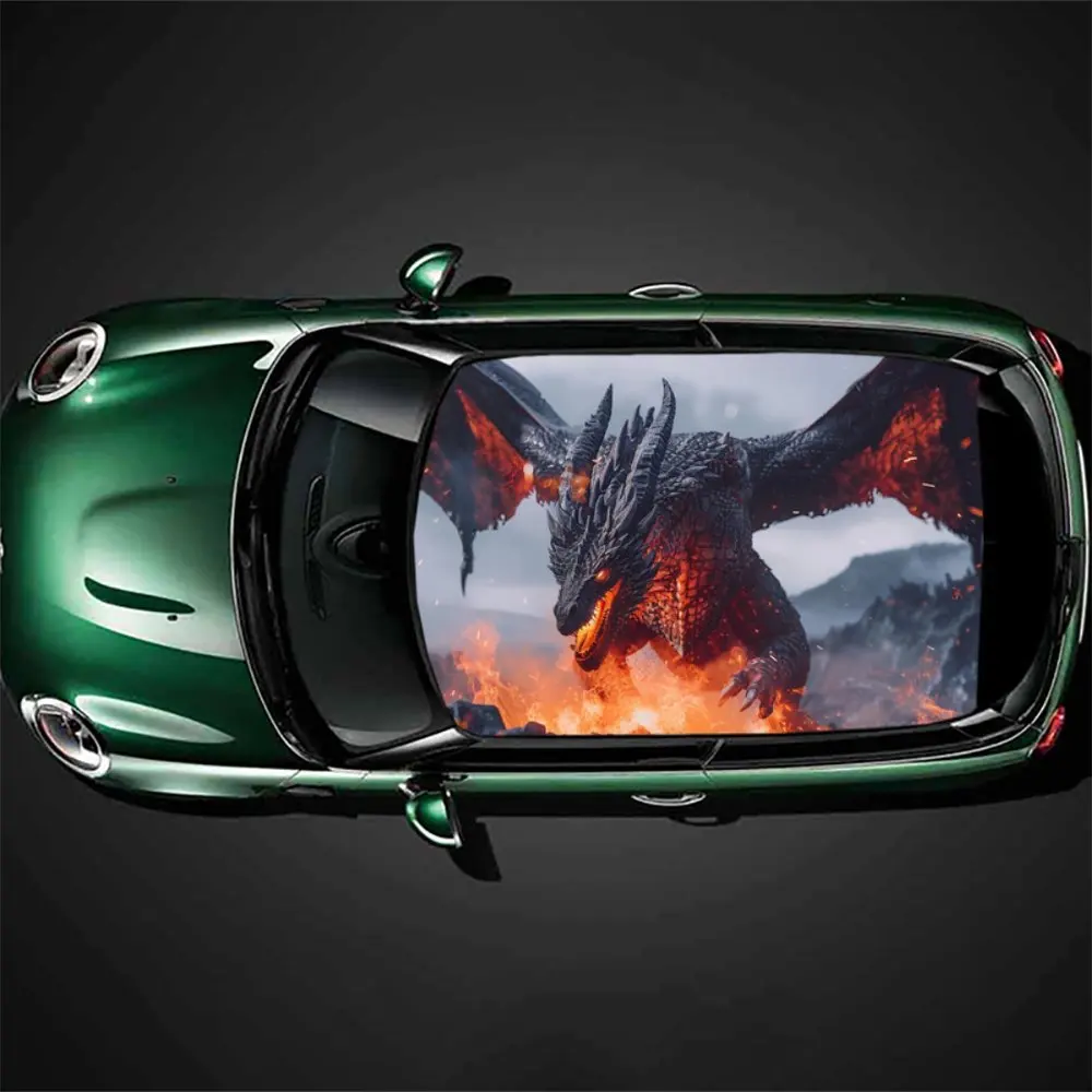 

High-definition 3D flame dance blue dragon pattern car vinyl wraps, car roof graphic stickers, instantly ignite your driving pas