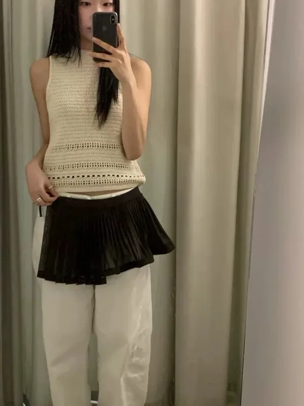 

Hollow out Knitted Vest Women's Loose Sleeveless Top Half High Collar Fashionable Inner Wear Short Style Color