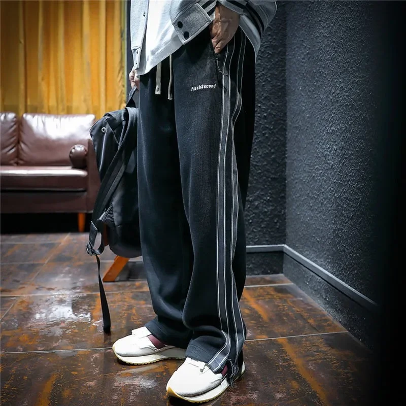 

Straight Autumn and Winter Cotton Hip-hop Striped Trousers Male Sports Pants Wide Leg Men's Sweatpants Jogger Big Tall Man Long