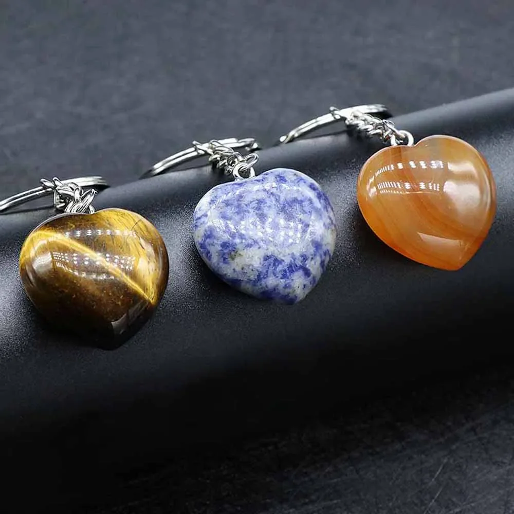 5PCS Natural Stone Rose Quartz Agate Crystal Peach Heart Keychain Bag Buckle Reiki Healing Pendant Jewelry Home Decor Charm Gift