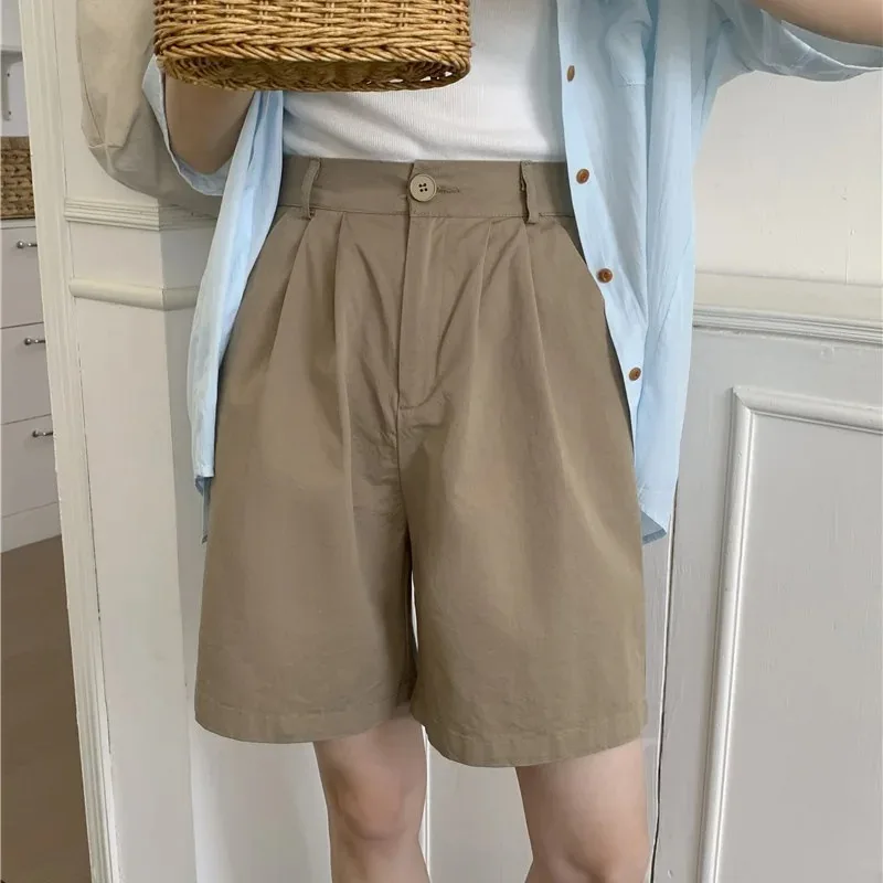 

Loose Thin Solid Women's Denim Shorts Summer Casual Wide-leg Shorts Women Elastic Waist Cotton High Waisted Straight Shorts
