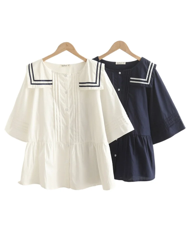 Merry Pretty High Quality 100% Cotton Shirt Sweet Stripe Sailor Collar Tops Causal Woman Shirts Summer Korean Blusas De Mujer