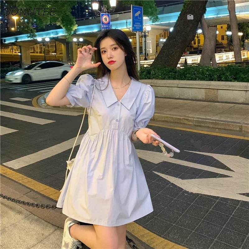 Dresses Women Preppy Sweet Simple Mini Summer Korean Style Puff Sleeve Elegant Lovely A-line Solid New Empire Ladies Casual Chic