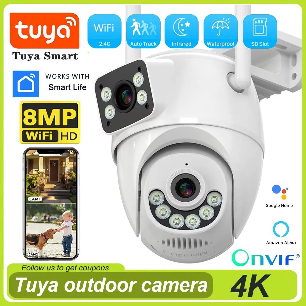 

4K Tuya Dual Lens Wifi IP Camera Outdoor HD 8MP Dual Screen Security PTZ Camera Human Auto Tracking Wireless Video Surveillance