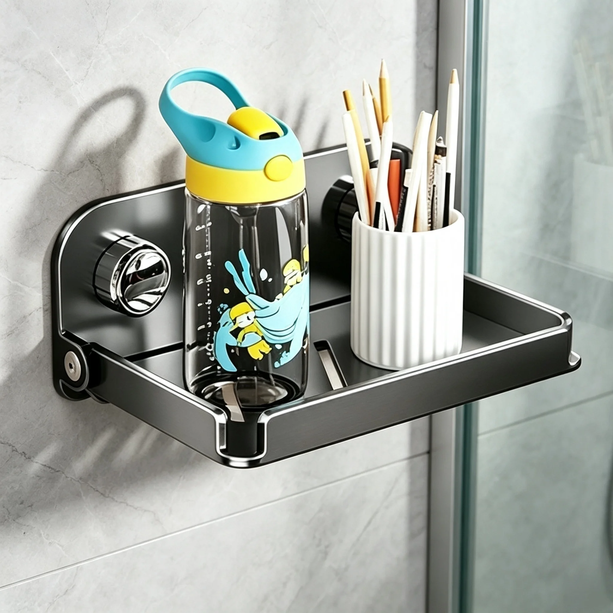 Suction Cup Punch-Free Foldable Shower Shelf Wall Hanging Bathroom Rack with Anti-drop Guardrail for Bathroom