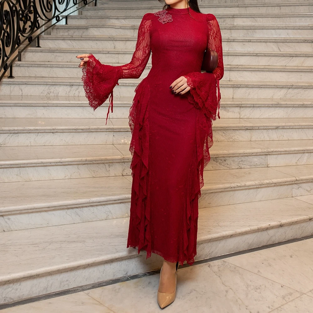 

Customized Straight Evening Dresses Ankle-length High-neck Full Sleeve Prom Gown Fashion Lace Flowers Simple Draped Party Gown