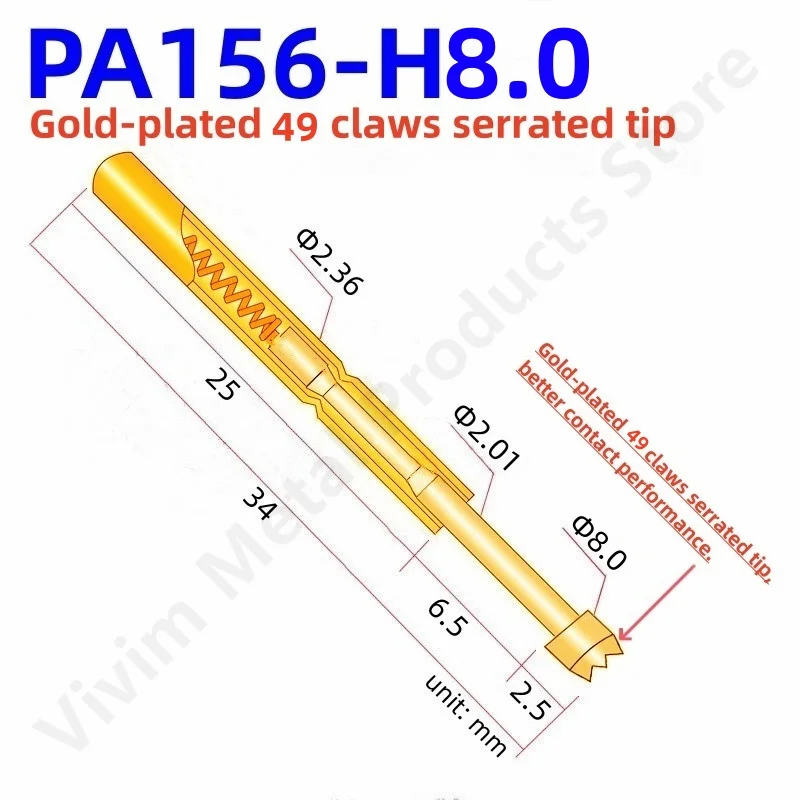 

20/100PCS PA156-H Spring Test Probe Test Pin P156-H Pogo Pin PCB Test Tool 34mm Dia 2.36mm 49-claws Gold-plated Head Dia 8.0mm