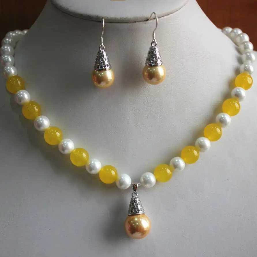 

Wholesale 8mm mixed colors white/yellow jade pearl/stone necklace +14mm pearl hook earring and pendant jewelry se