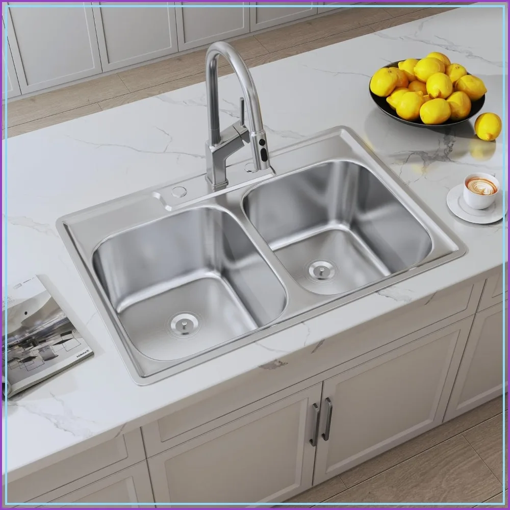 33x22 Drop In Double Bowl 50/50 Topmount Kitchen Sink 18 Gauge