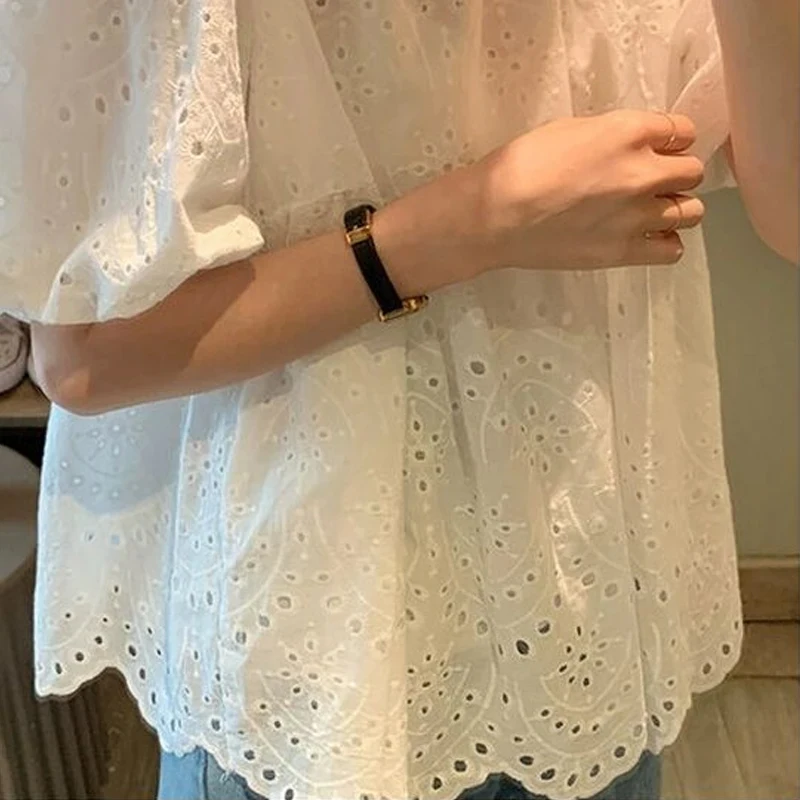 Summer French Style Embroidery Hollow Out Shirt New White Lace Blouse for Women Short Puff Sleeve Tops Round Collar Clothes 930