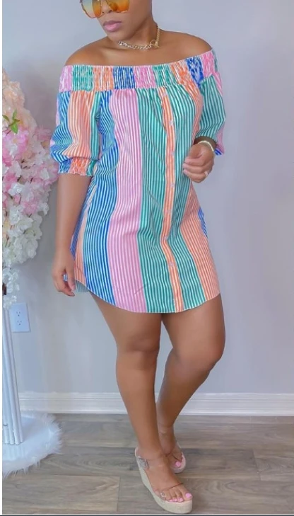 

2025 Women's Summer New Colored Stripe Printed Pleated Buttons Dress Lantern Sleeve One-Shoulder Women's Vacation Variety Dress