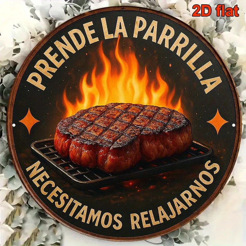 2D Flat, 1pc, 8x8 Inch Round Spanish Aluminum Sign, Vintage Decorative Plaque for "Asado" (Spanish Barbecue), Suitable for Decor image 4