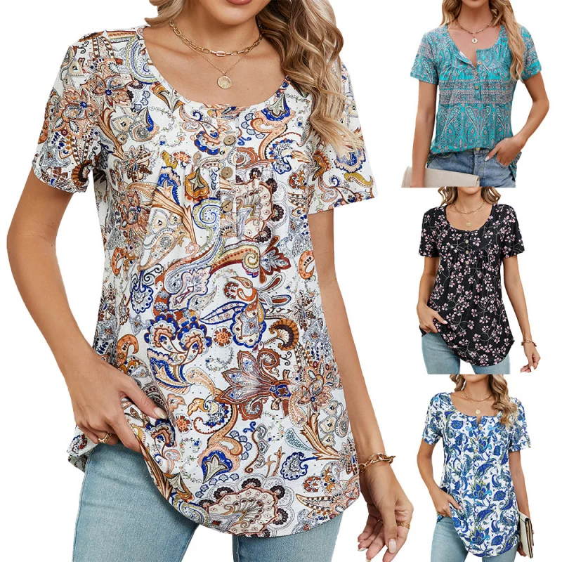

2025Popular2025Hot-Selling European and American New Summer Button Floral Print Loose Short SleeveTShirt Top