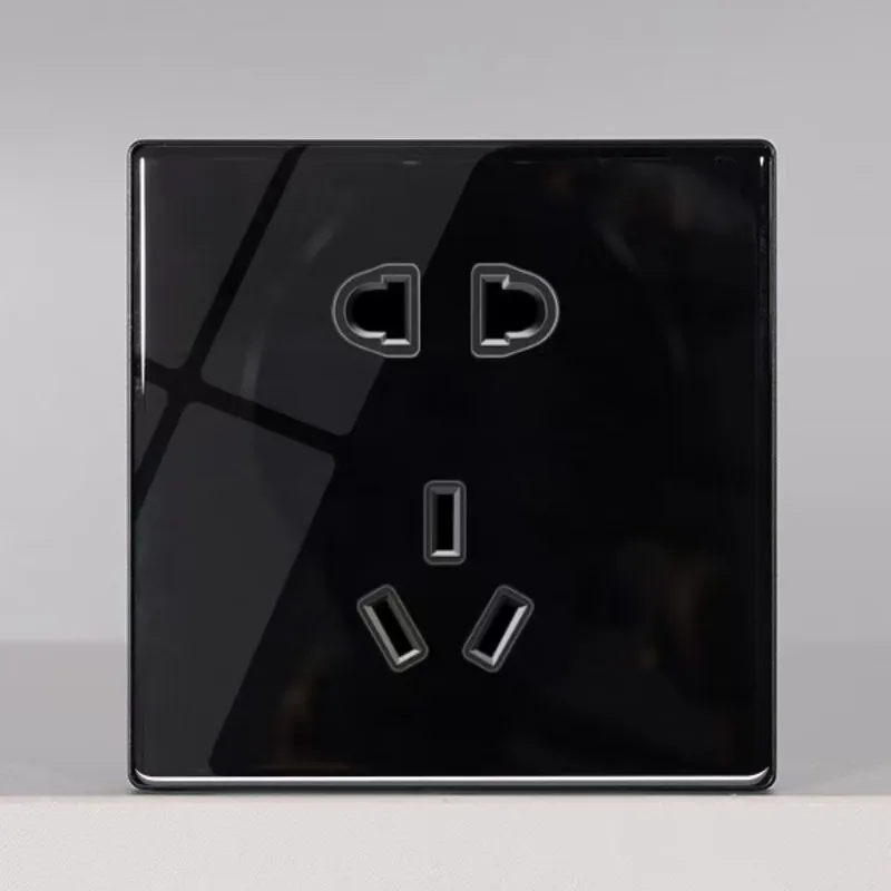 Black Tempered Glass Switch Socket with Personalized Toggle Button Panel and LED Light 86 Type Recessed Wall Mounted