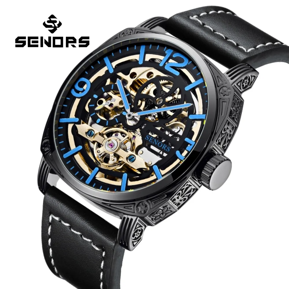 

SENORS SN313 Men`s Watch Square Hollow C3 Luminous Wristwatch Men Waterproof Sapphire Glass Mechanical Watches Relogio Masculino