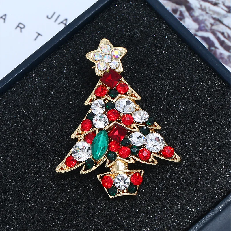 Rinhoo Full Rhinestone Christmas Tree Brooches For Women Unisex Fashion Enamel Badges Star Xmas Tree Pins New Year Party Jewelry