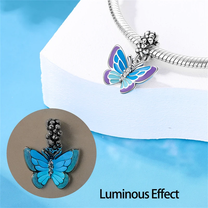 

925 Sterling Silver Luminous Colored Butterfly Charms Pendant Fit 3mm Original Bracelet DIY Women Birthday Party Jewelry Gifts